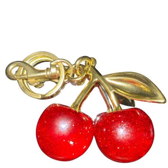 Vintage-Style Red Glitter Cherry Keychain Bag Charm - Gold Hardware - Picture 3 of 4